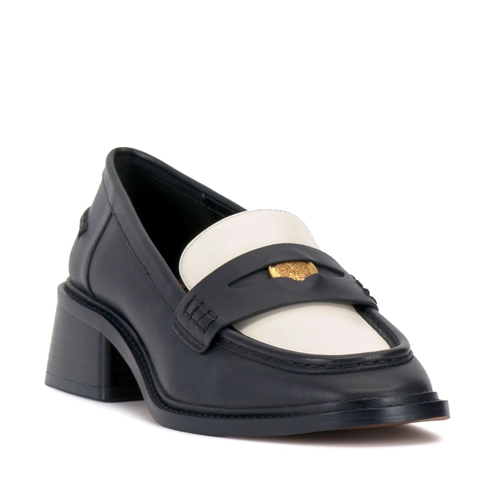 NEW Vince Camuto Erinesa Block Heel Penny Loafer in Black and White Size 10